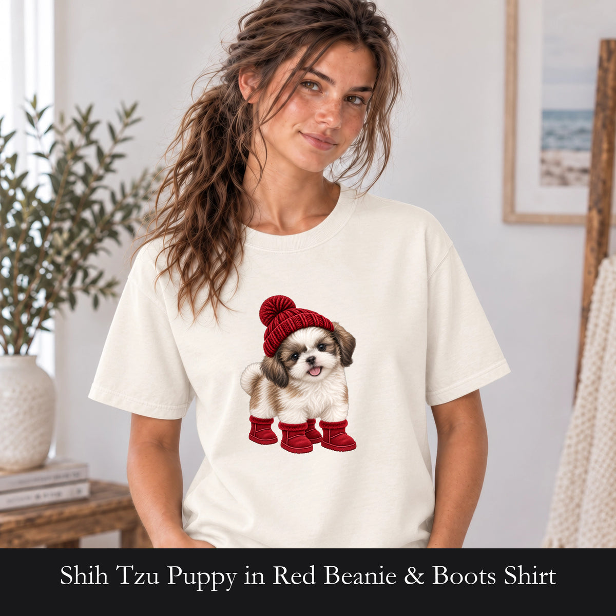 Shih Tzu Puppy in Red Beanie & Boots Shirt | Cute Dog Tee