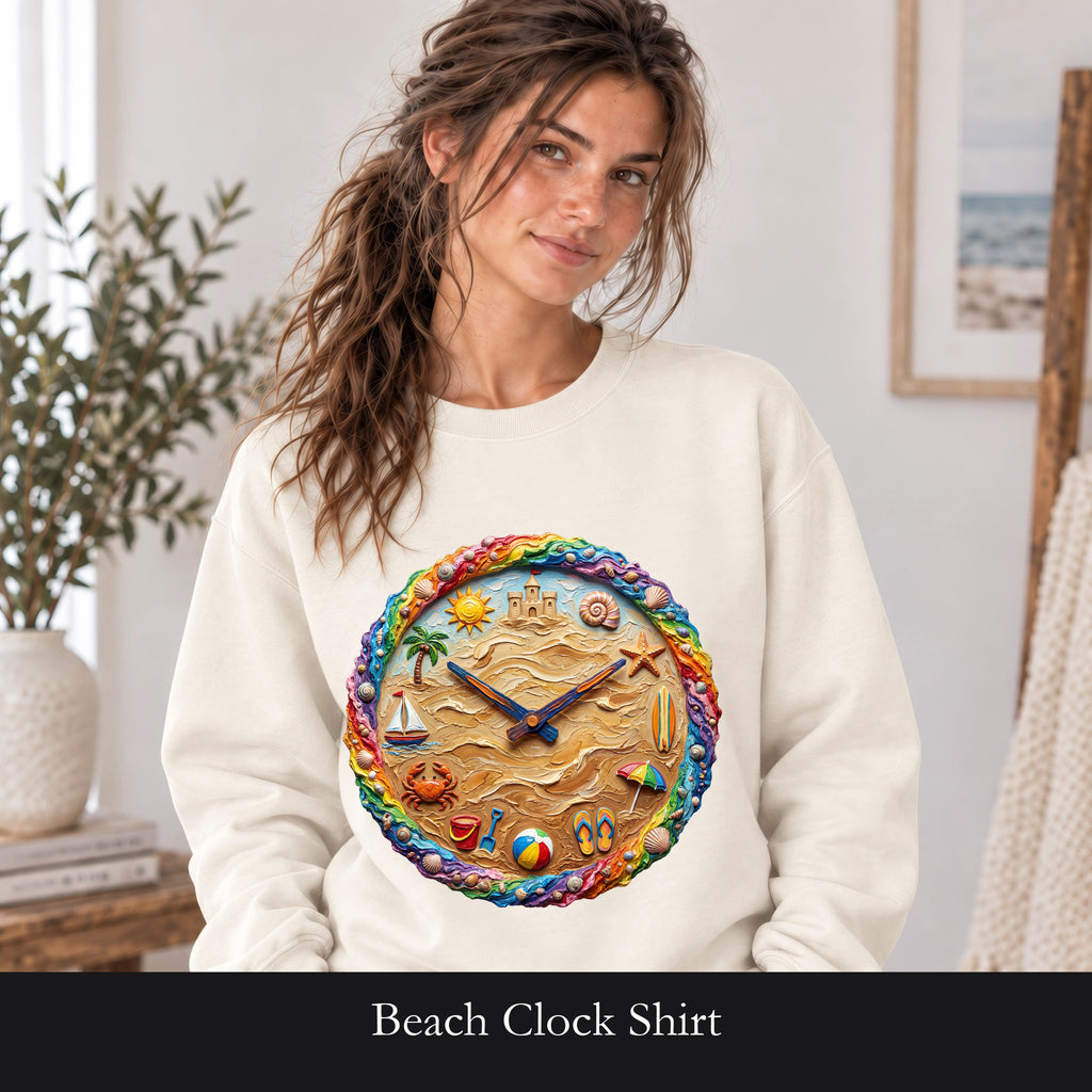 Beach Clock Shirt, Dreamy Coastal Art Tee, Surreal Beach Lover Gift, Summer Ocean Sweatshirt