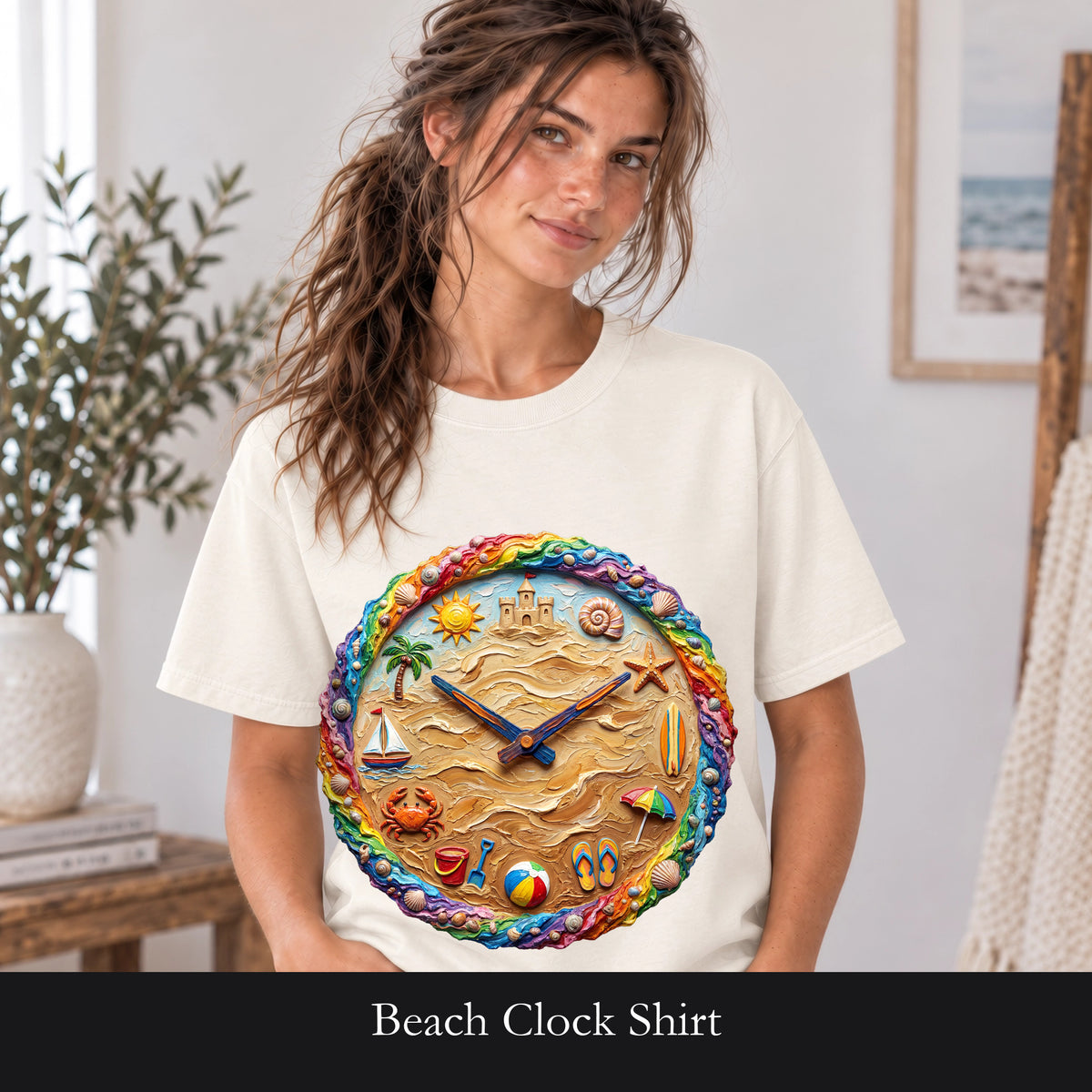 Beach Clock Shirt, Dreamy Coastal Art Tee, Surreal Beach Lover Gift, Summer Ocean Sweatshirt