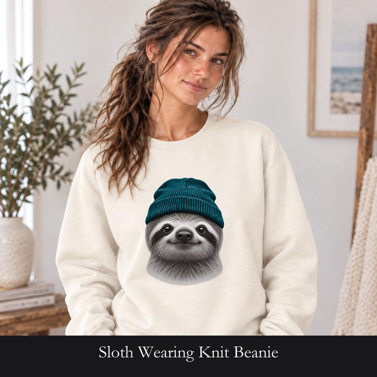 Sloth Wearing Knit Beanie | Cozy Winter Animal Crewneck