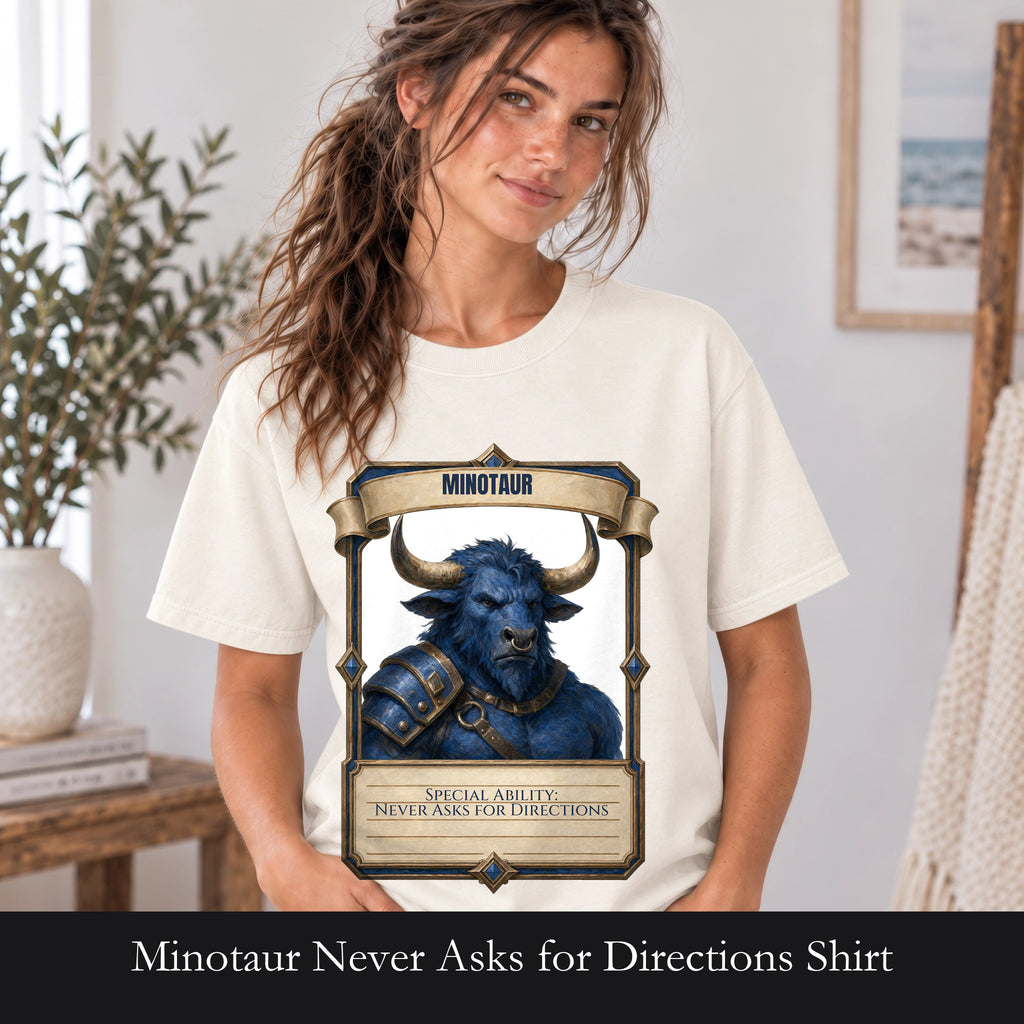 Minotaur Never Asks for Directions Shirt, Funny RPG Stat Card Tee, Tabletop Gamer D20 Gift, Fantasy Dungeon Sweatshirt