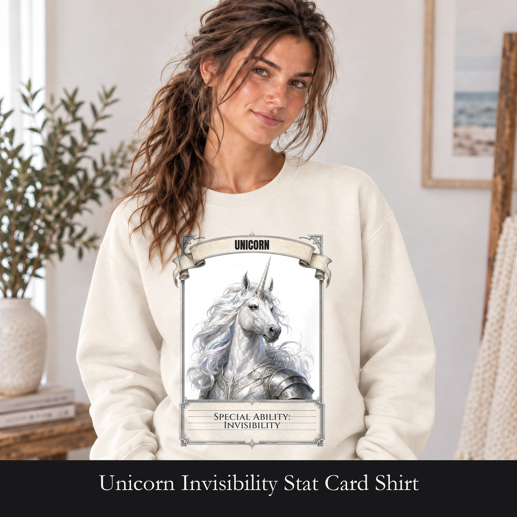Unicorn Invisibility Stat Card Shirt, Funny RPG Gamer Tee, Tabletop D20 Fantasy Gift, Dungeon Dice Sweatshirt