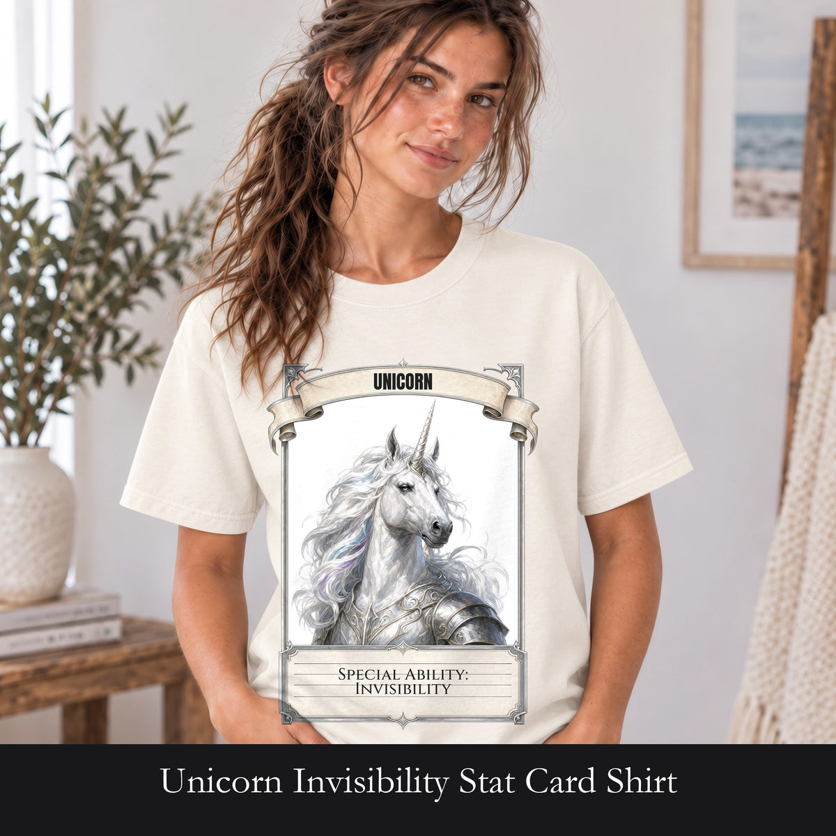 Unicorn Invisibility Stat Card Shirt, Funny RPG Gamer Tee, Tabletop D20 Fantasy Gift, Dungeon Dice Sweatshirt