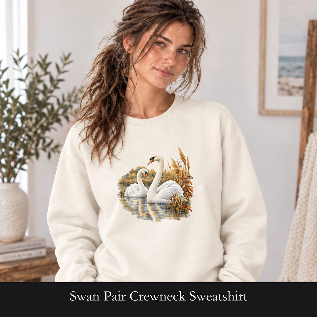 Swan Pair Crewneck Sweatshirt | White Swans Pond Illustration