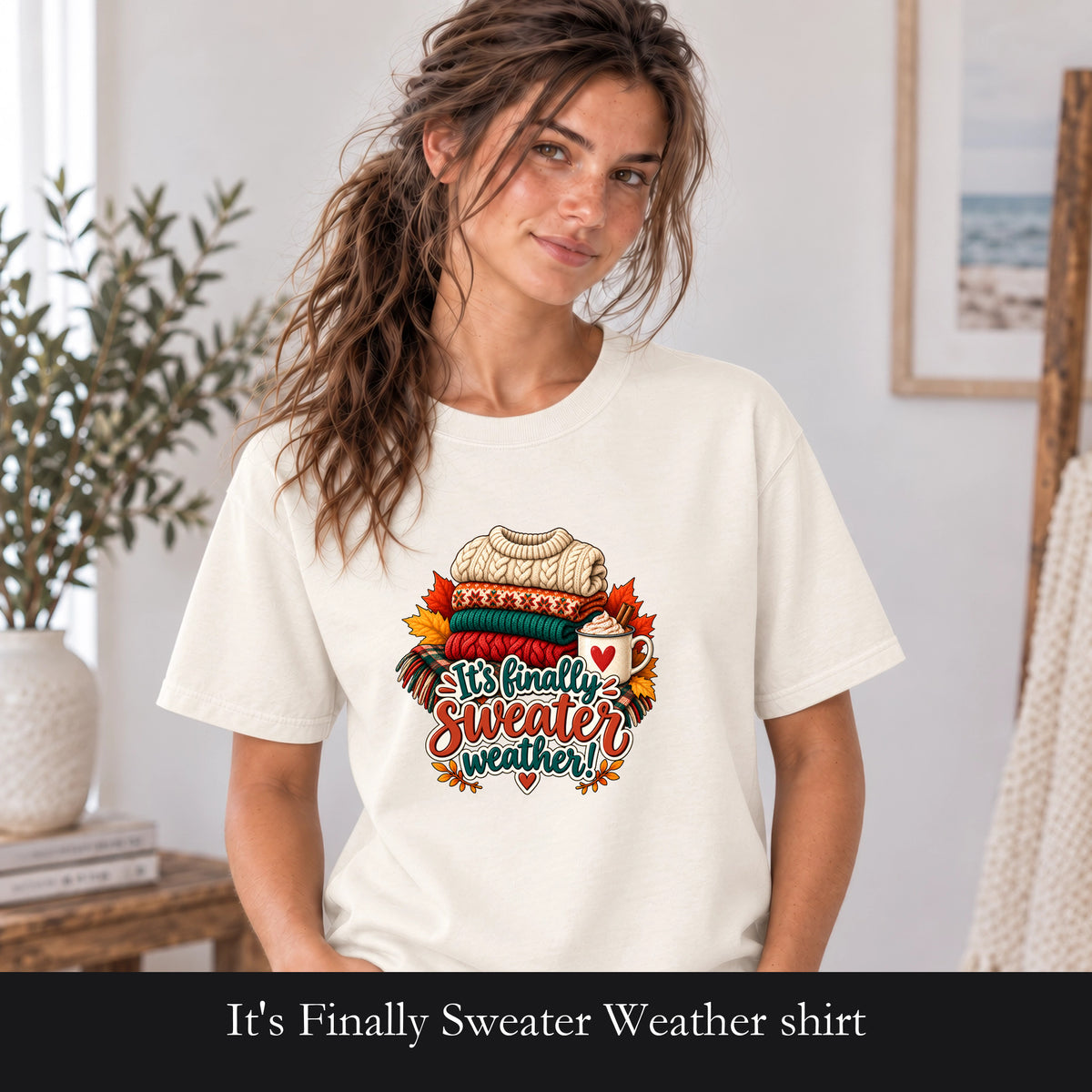 It's Finally Sweater Weather shirt | cozy fall knit stack, autumn leaves, coffee mug