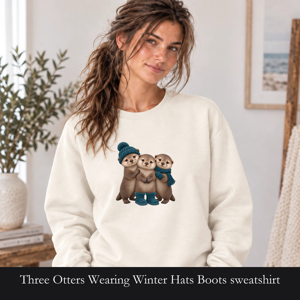 Three Otters Wearing Winter Hats Boots sweatshirt | Cute Otter Trio Design