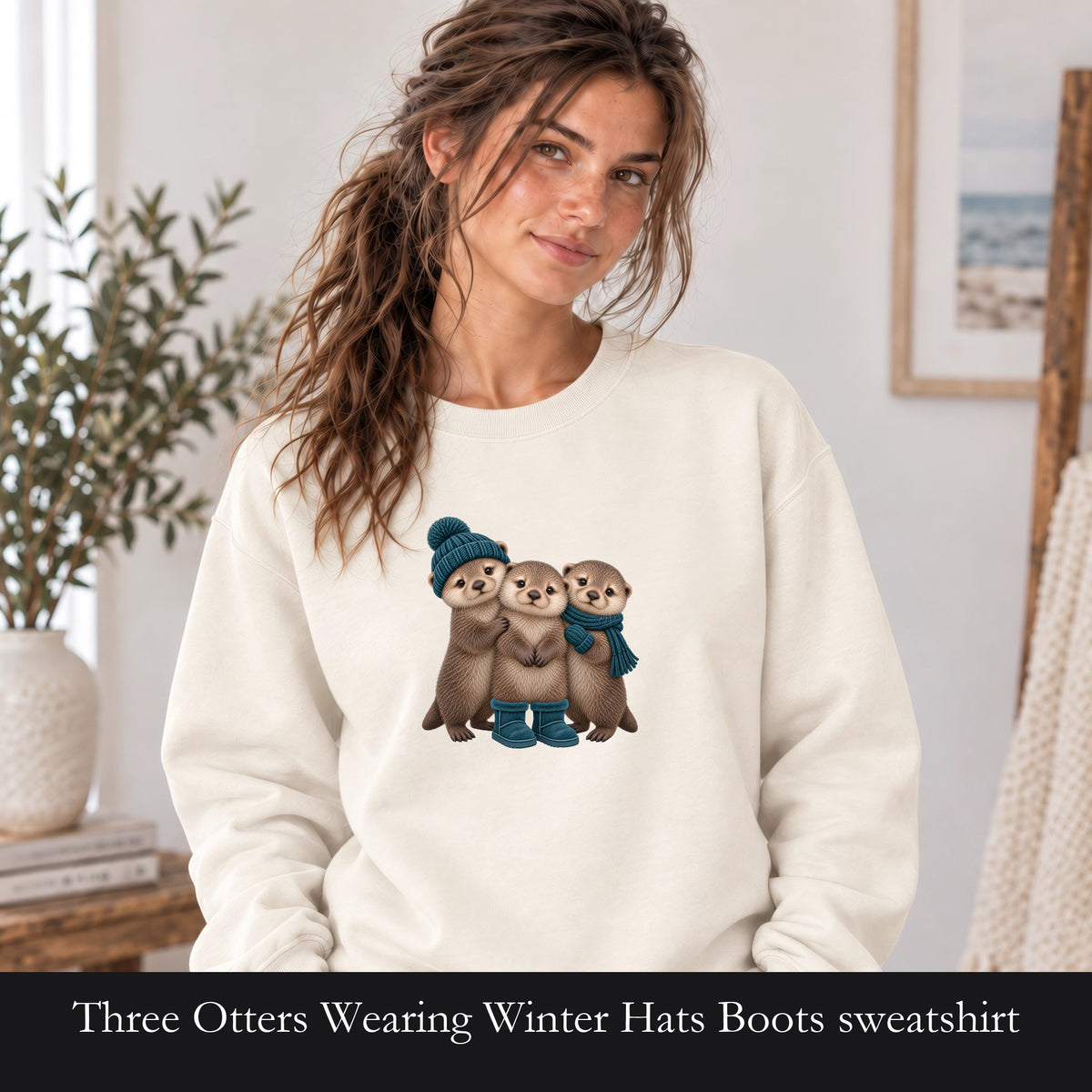 Three Otters Wearing Winter Hats Boots sweatshirt | Cute Otter Trio Design