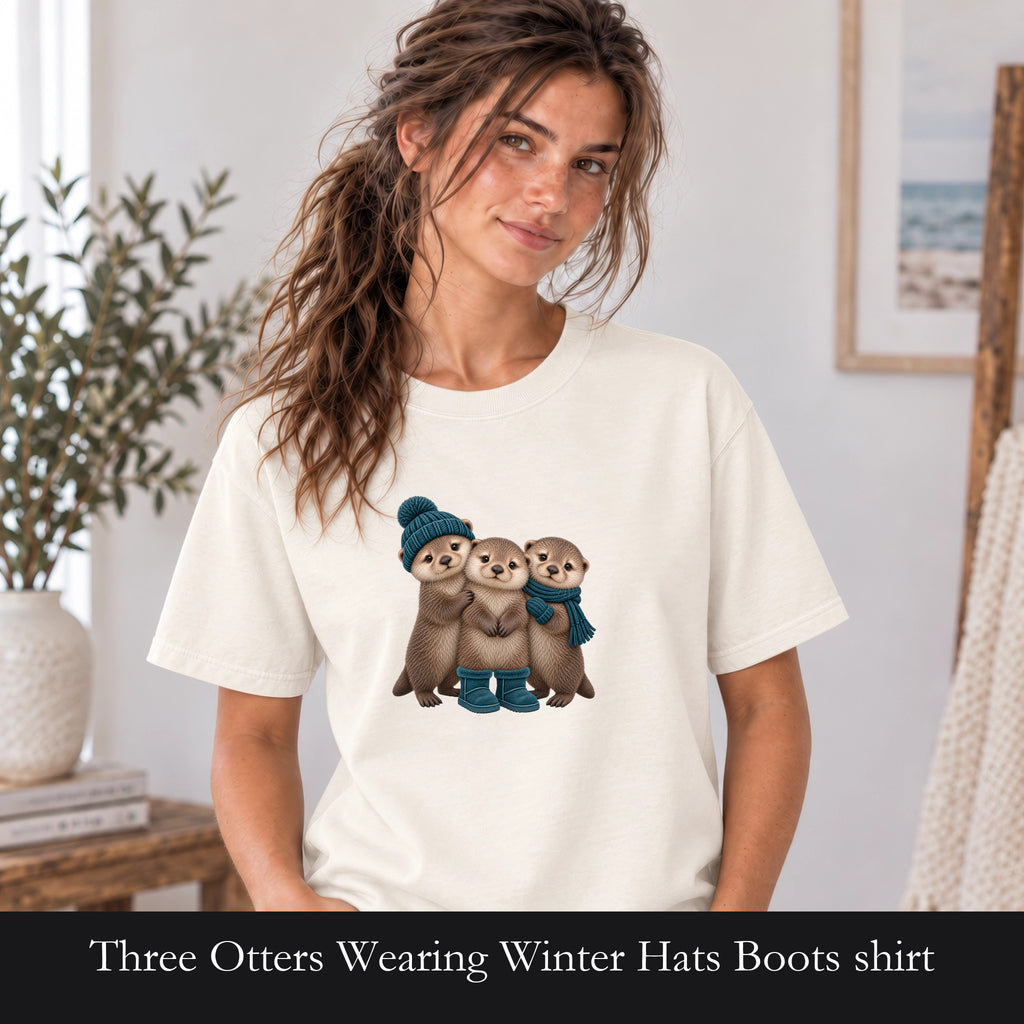 Three Otters Wearing Winter Hats Boots shirt | Cute Otter Trio Design