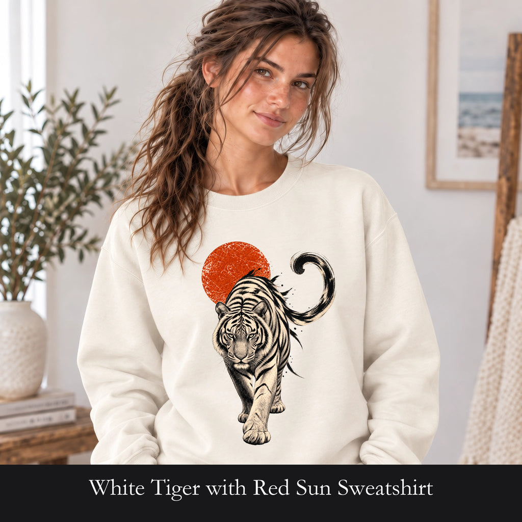 White Tiger with Red Sun Sweatshirt, Japanese Woodblock Tiger Crewneck, Red Sun Graphic Gift, Asian Art Sweatshirt