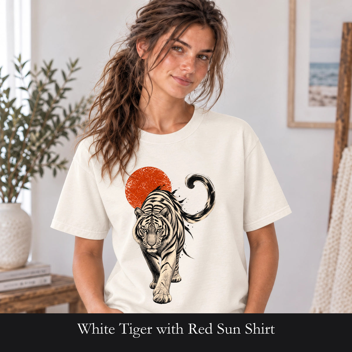White Tiger with Red Sun Shirt, Japanese Woodblock Tiger Tee, Red Sun Graphic Gift, Asian Art T-Shirt