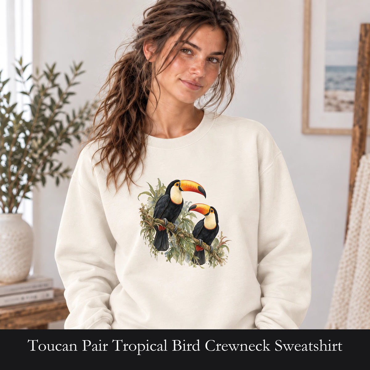 Toucan Pair Tropical Bird Crewneck Sweatshirt | Botanical Illustration