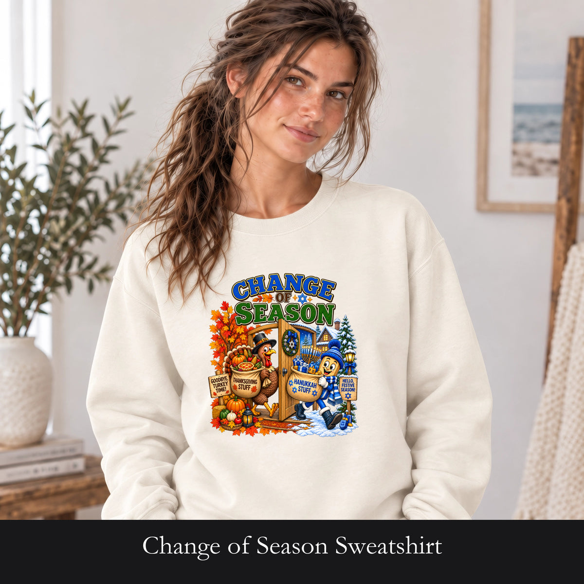 Change of Season Sweatshirt | Fall to Winter Leaves, Snow &Hanukkah Illustration