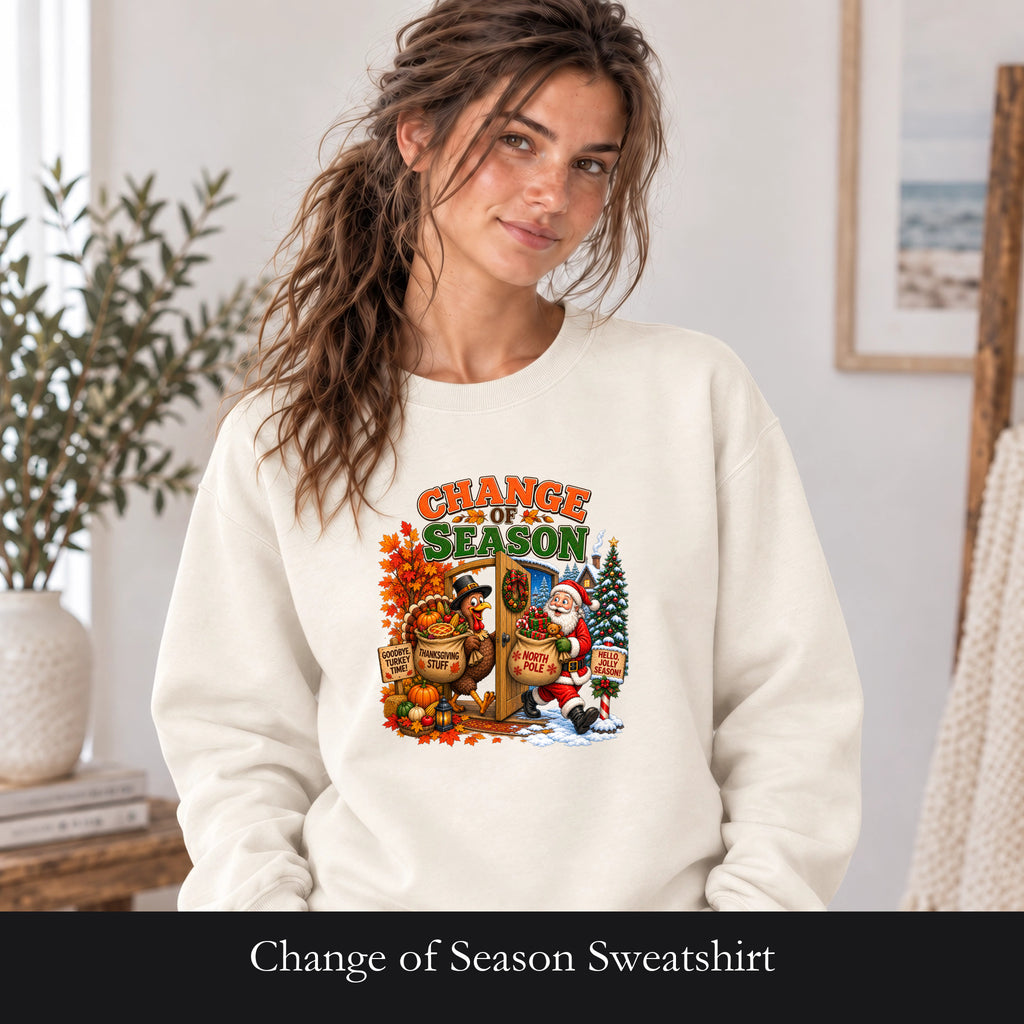 Change of Season Sweatshirt | Fall to Winter Holiday Pumpkin Santa Design