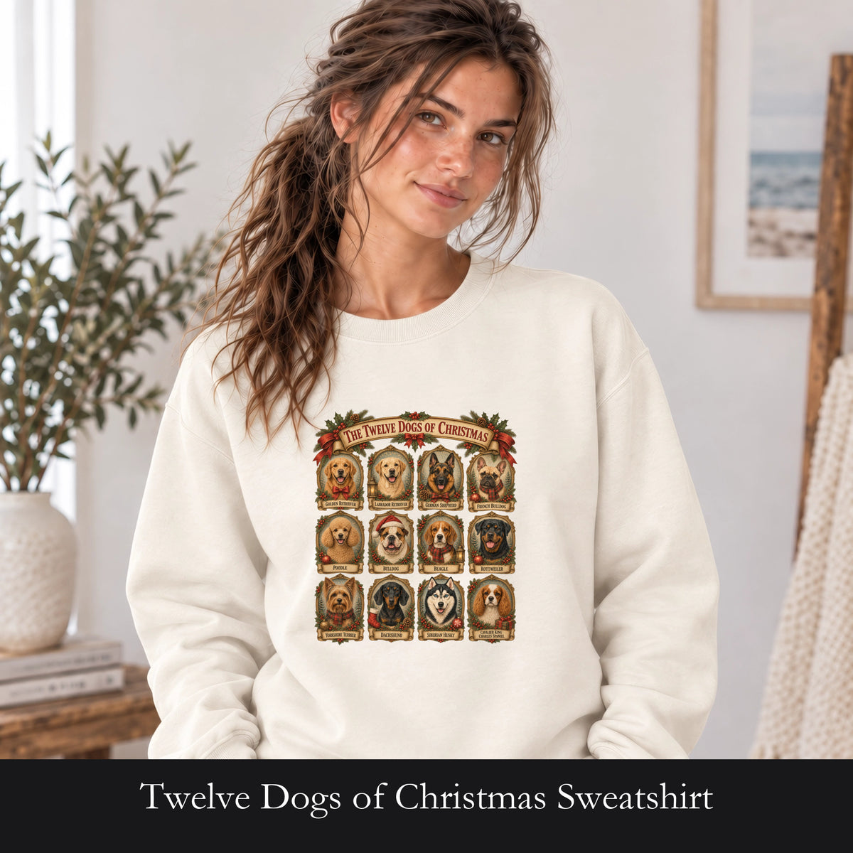 Twelve Dogs of Christmas Sweatshirt | Vintage Dog Portraits Holiday