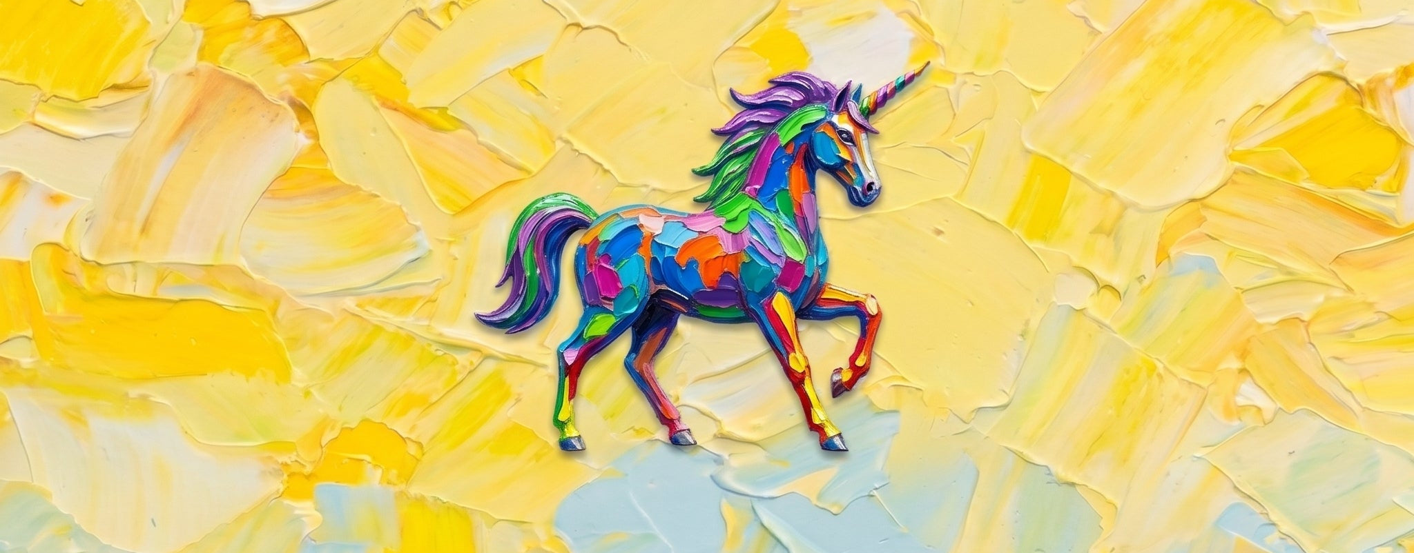 Colorful unicorn on a textured yellow and blue background