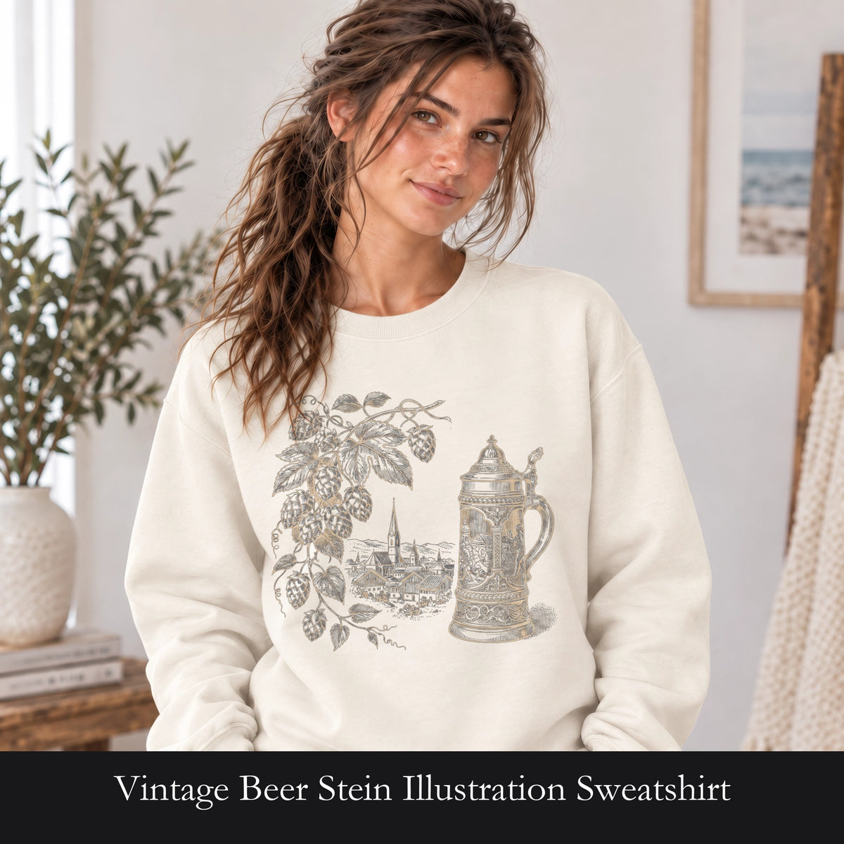 Vintage Beer Stein Illustration Sweatshirt | Hops Vine Scenic Design