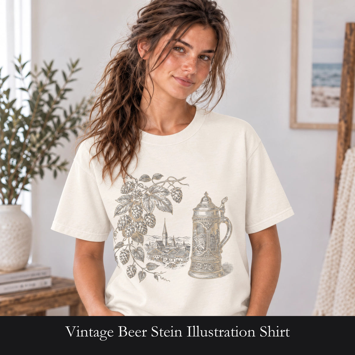 Vintage Beer Stein Illustration Shirt | Hops Vine Scenic Design