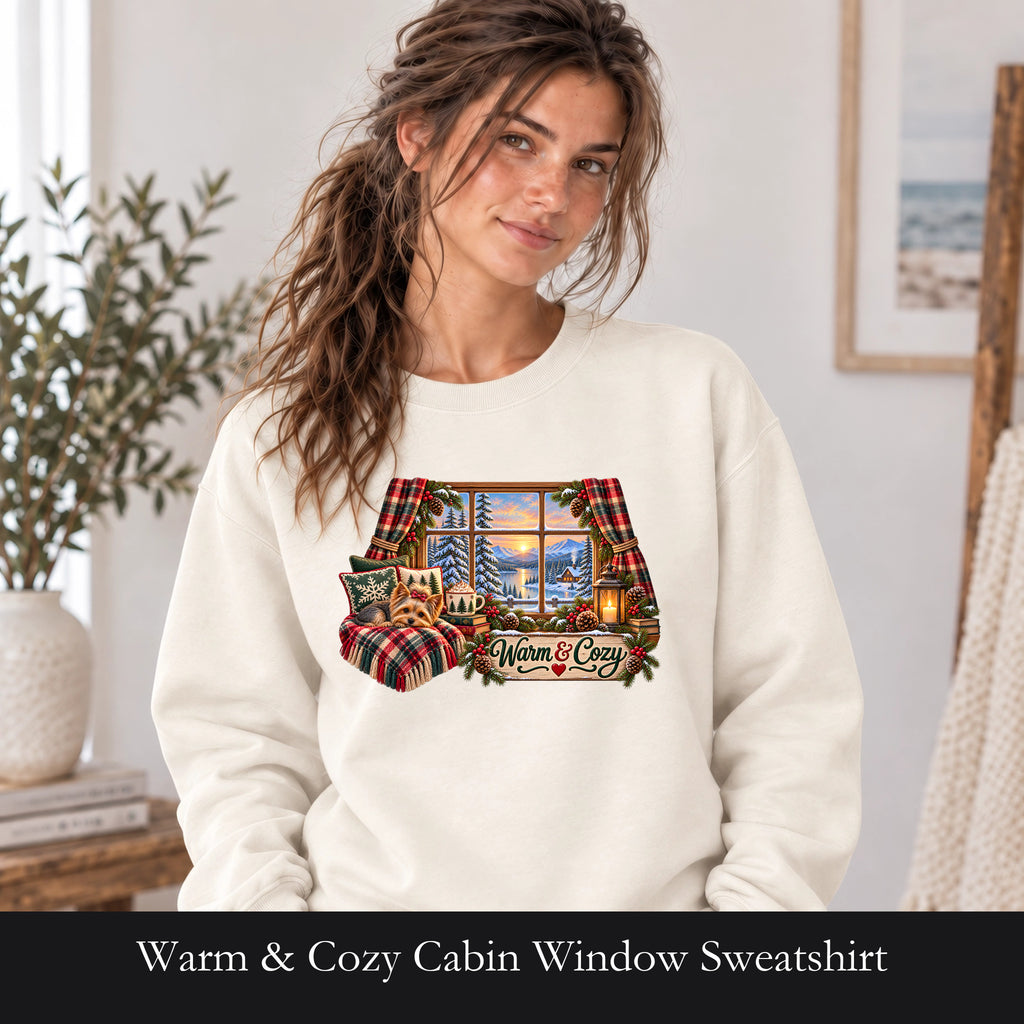 Warm & Cozy Cabin Window Sweatshirt | Winter Lodge Plaid Decor
