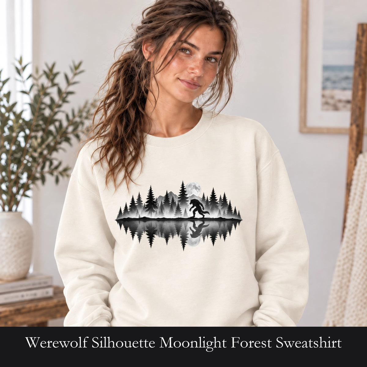 Werewolf Silhouette Moonlight Forest Sweatshirt | Werewolf Lake Reflection