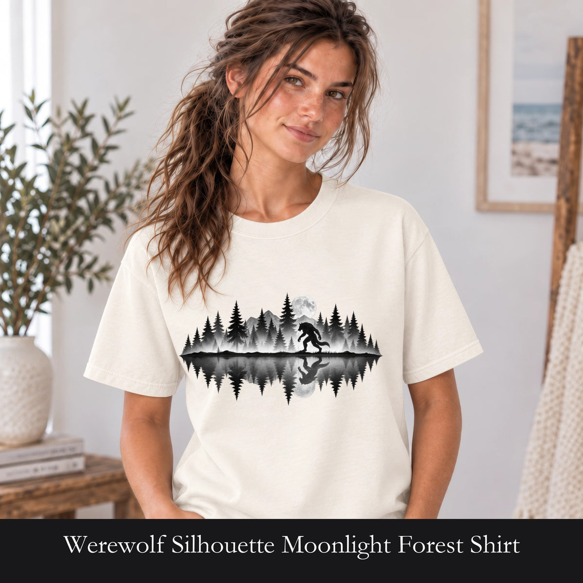 Werewolf Silhouette Moonlight Forest Shirt | Werewolf Lake Reflection