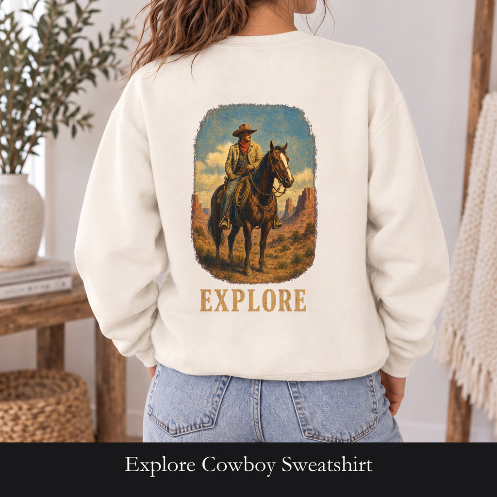 Explore Cowboy Sweatshirt, Vintage Western Horse Crewneck, Desert Trail Rider Sweatshirt, Sheriff Star Cowboy Gift