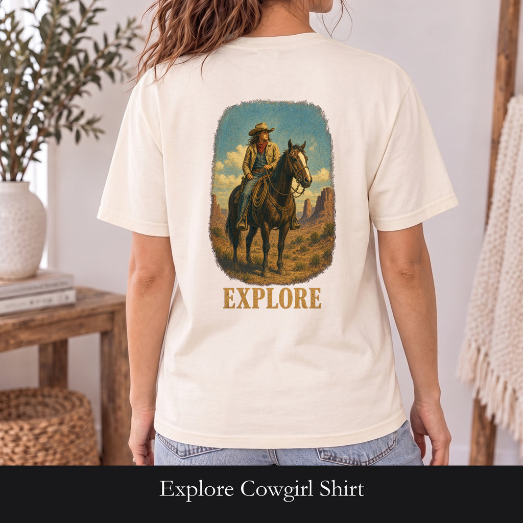 Explore Cowgirl Shirt, Vintage Western Horse Tee, Desert Trail Rider Tee, Sheriff Star Cowgirl Gift