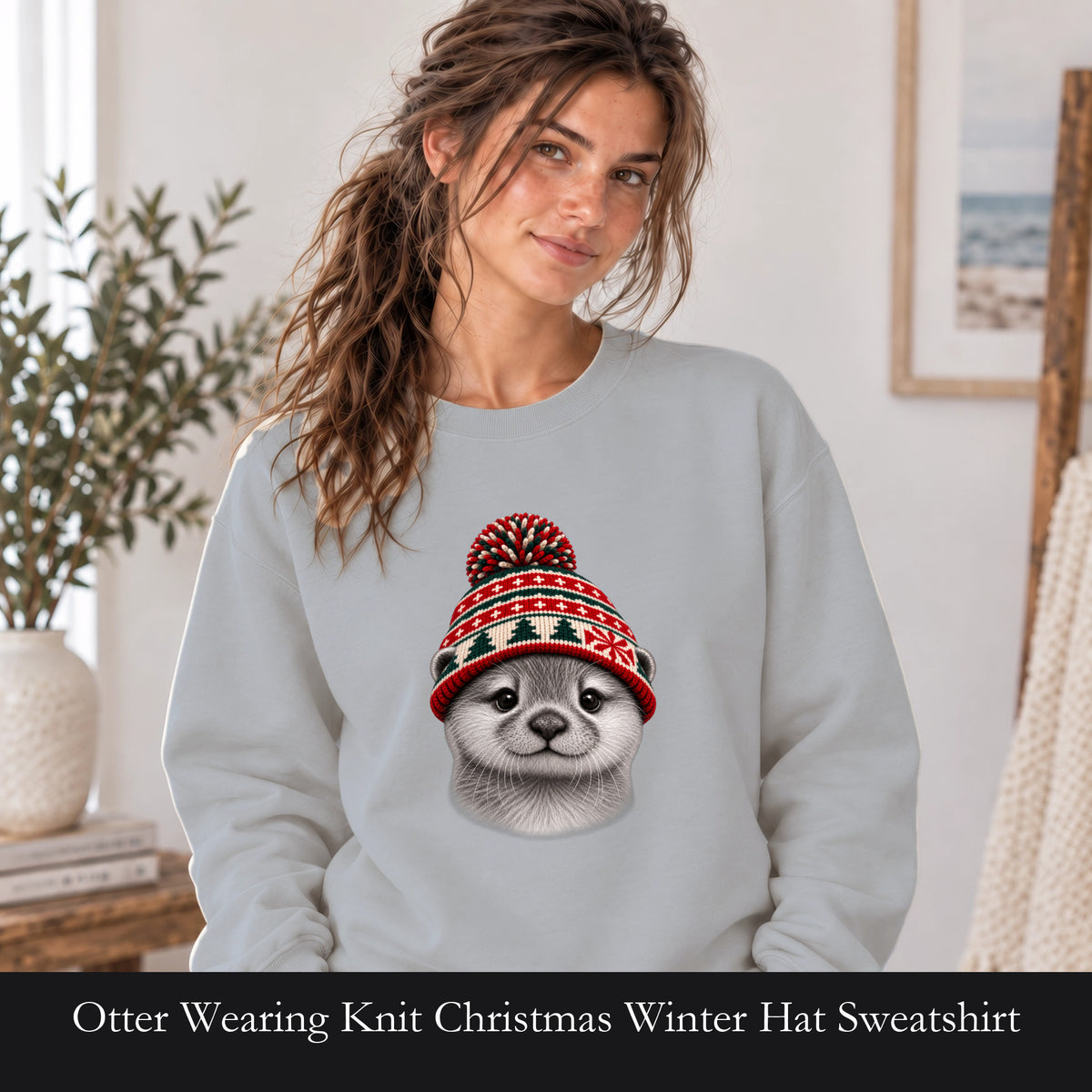 Otter Wearing Knit Christmas Winter Hat Sweatshirt | Cute Holiday Animal Crewneck