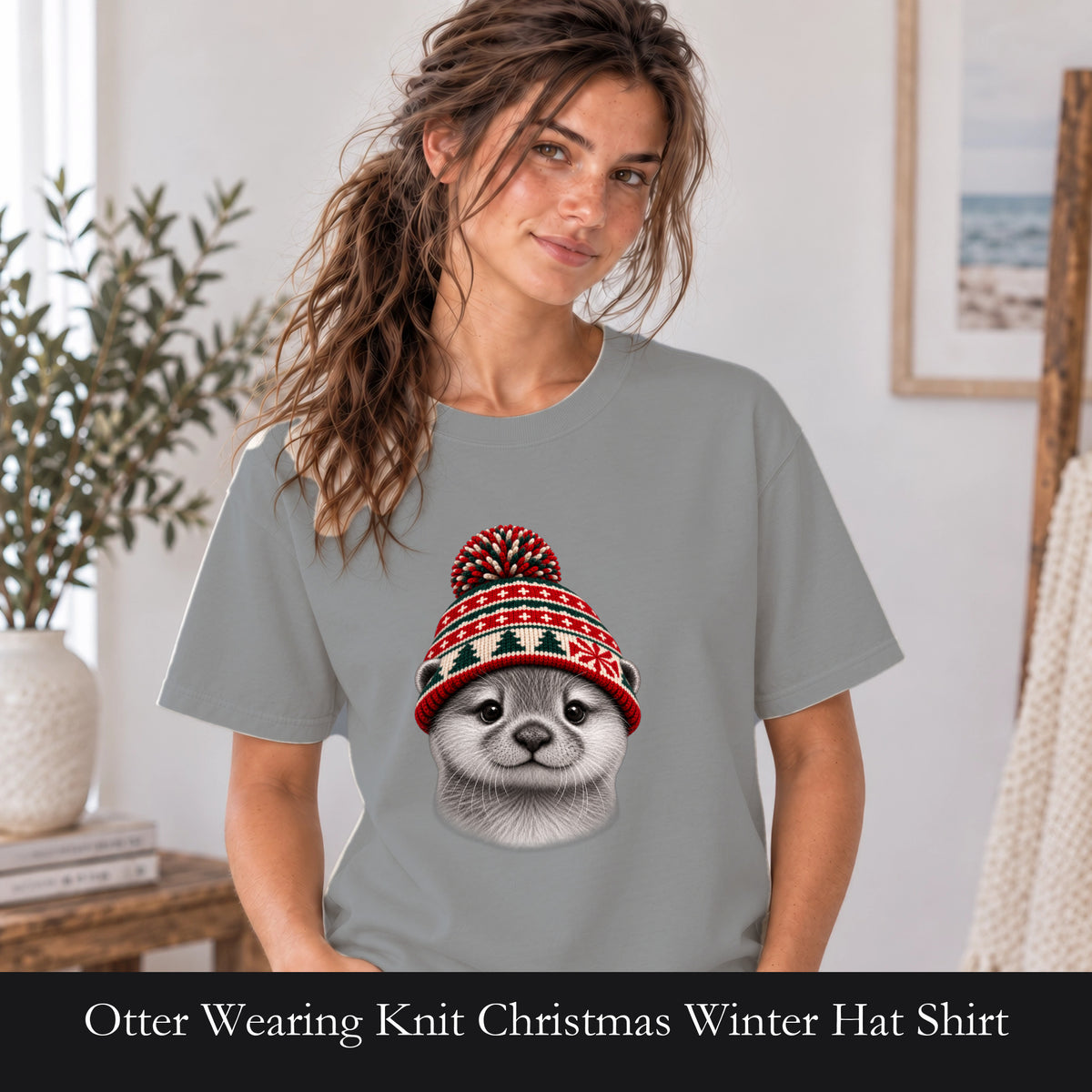 Otter Wearing Knit Christmas Winter Hat Shirt | Cute Holiday Animal Tee