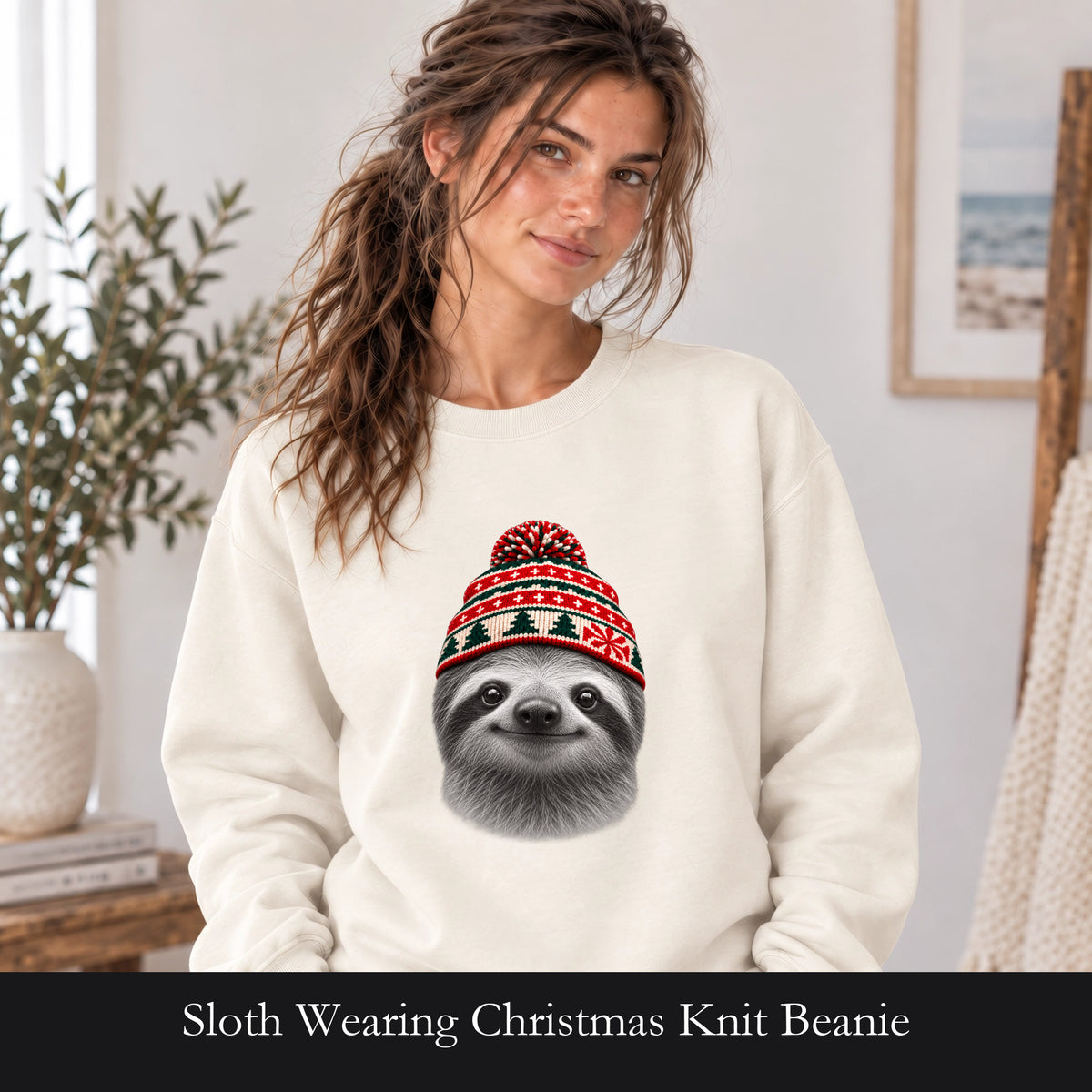Sloth Wearing Christmas Knit Beanie | Cozy Winter Animal Crewneck