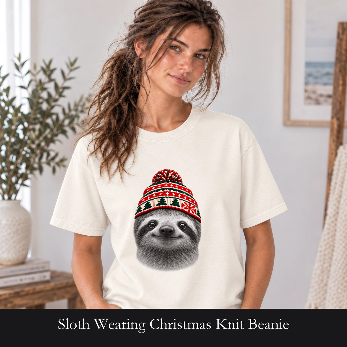 Sloth Wearing Christmas Knit Beanie | Cozy Winter Animal Tee