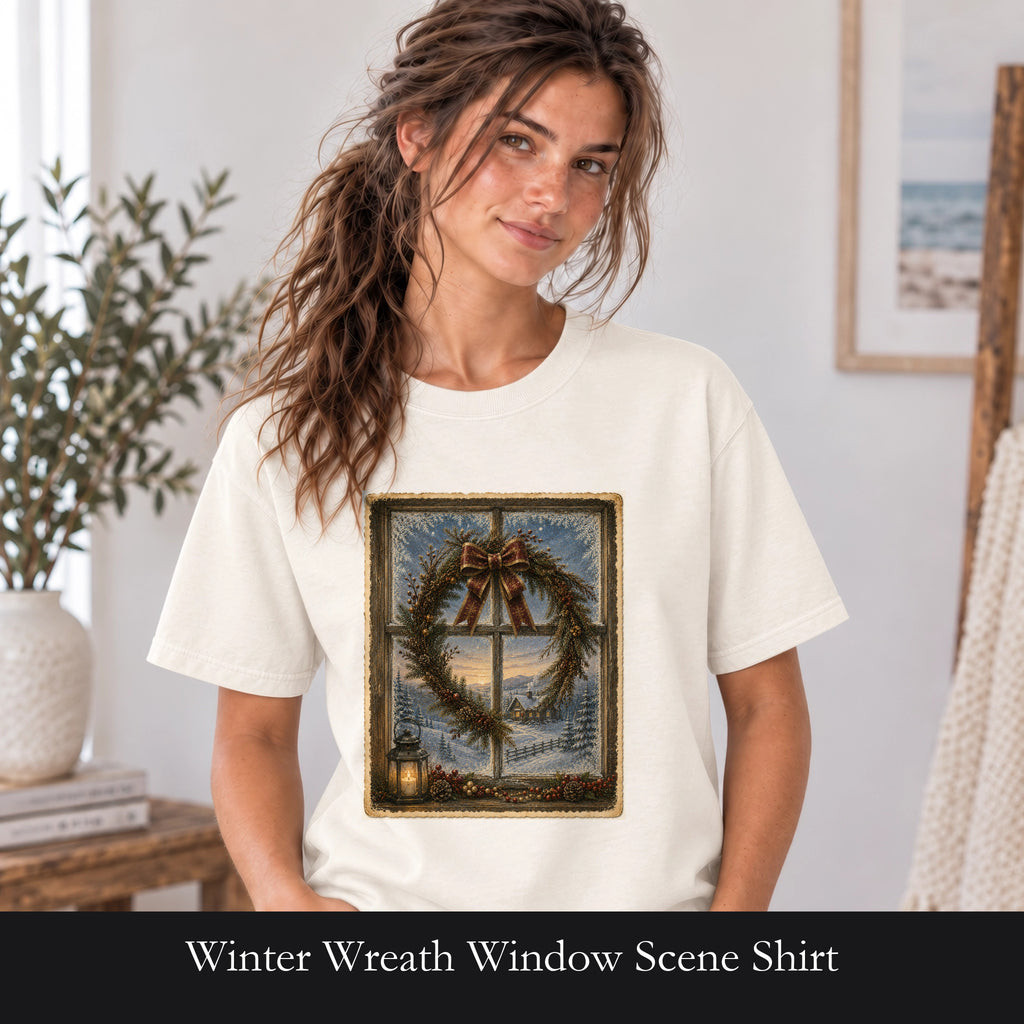 Winter Wreath Window Scene Shirt | Vintage Holiday Postcard