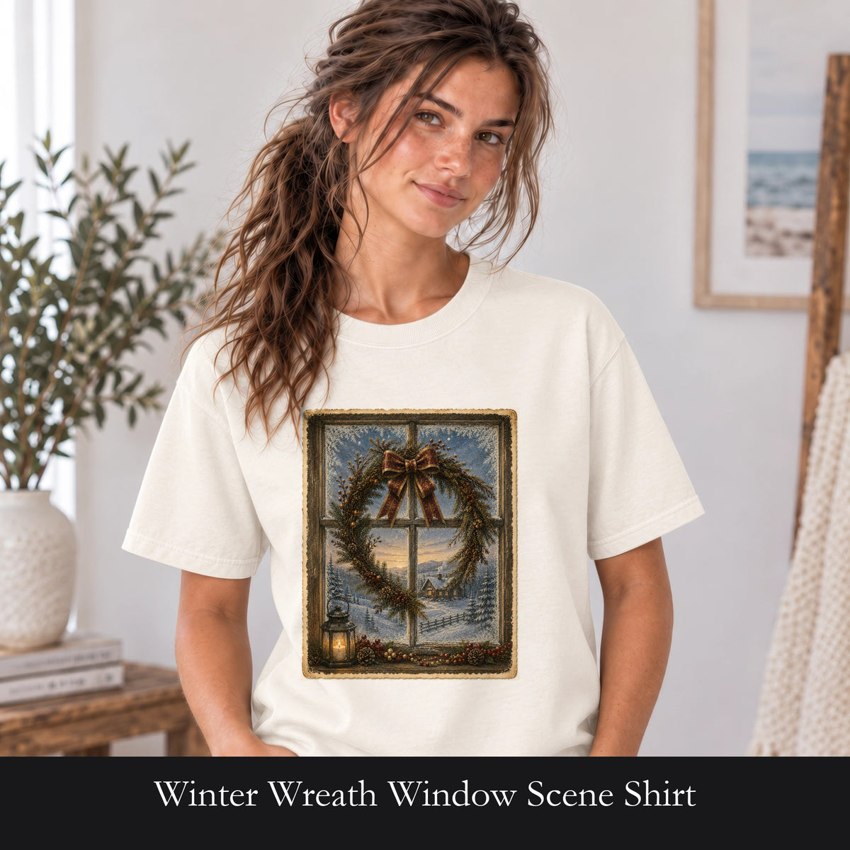 Winter Wreath Window Scene Shirt | Vintage Holiday Postcard