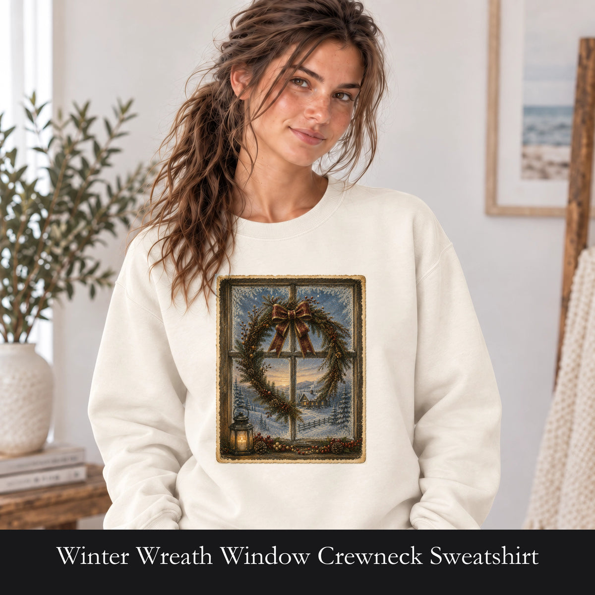 Winter Wreath Window Crewneck Sweatshirt | Vintage Christmas Scene