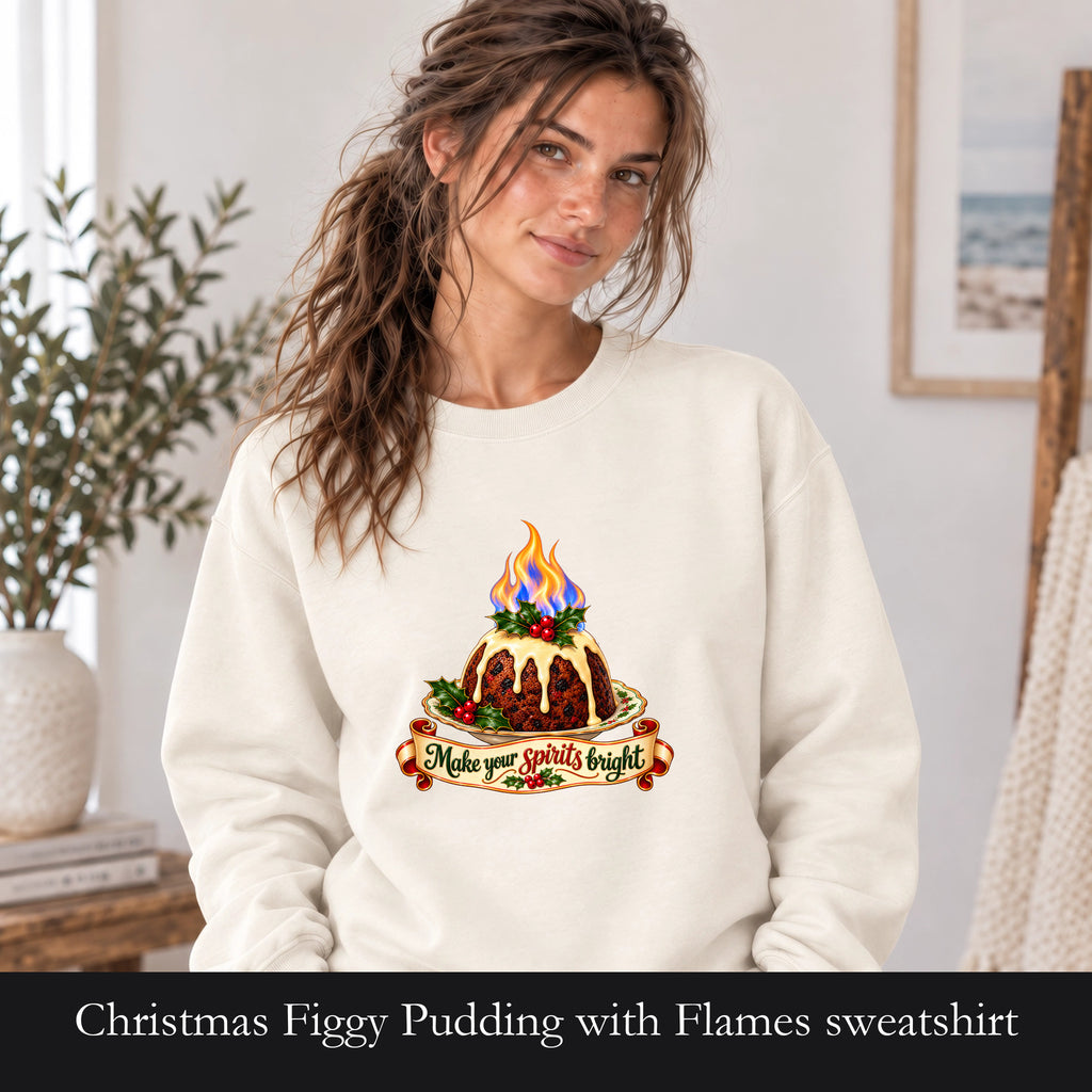 Christmas Figgy Pudding with Flames sweatshirt | Holiday Dessert Illustration